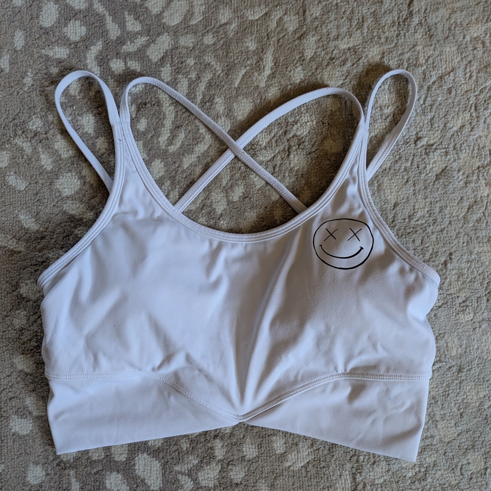 Salty Savage Cross-Back White Smiley Sports Bras - 2 quantity
